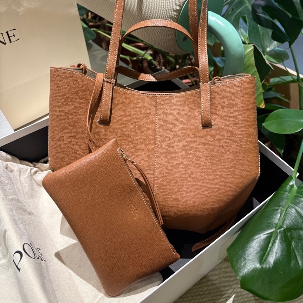 Polene Leather Tote Bag with Matching Pouch - Tan